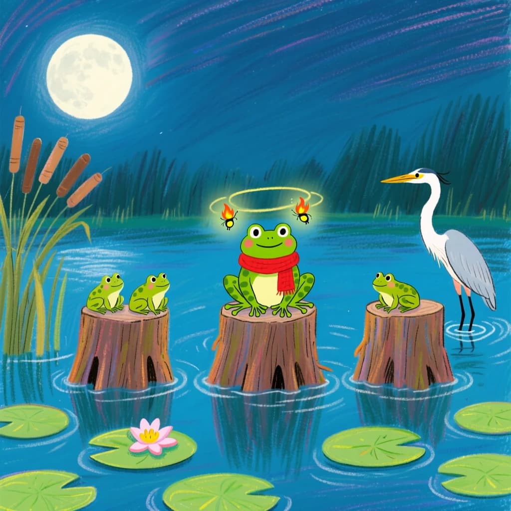 Story card in soft children's book illustration with crayon texture. A moonlit swamp with three cypress stumps in a row across the water. A small green frog in a red scarf sits on the middle stump. Two fireflies circle above his head while four more sit sleeping on the reeds to the left. A heron stands knee deep at the right edge, looking away from the frog. Nine lily pads float across the foreground, only one of them carrying a flower.