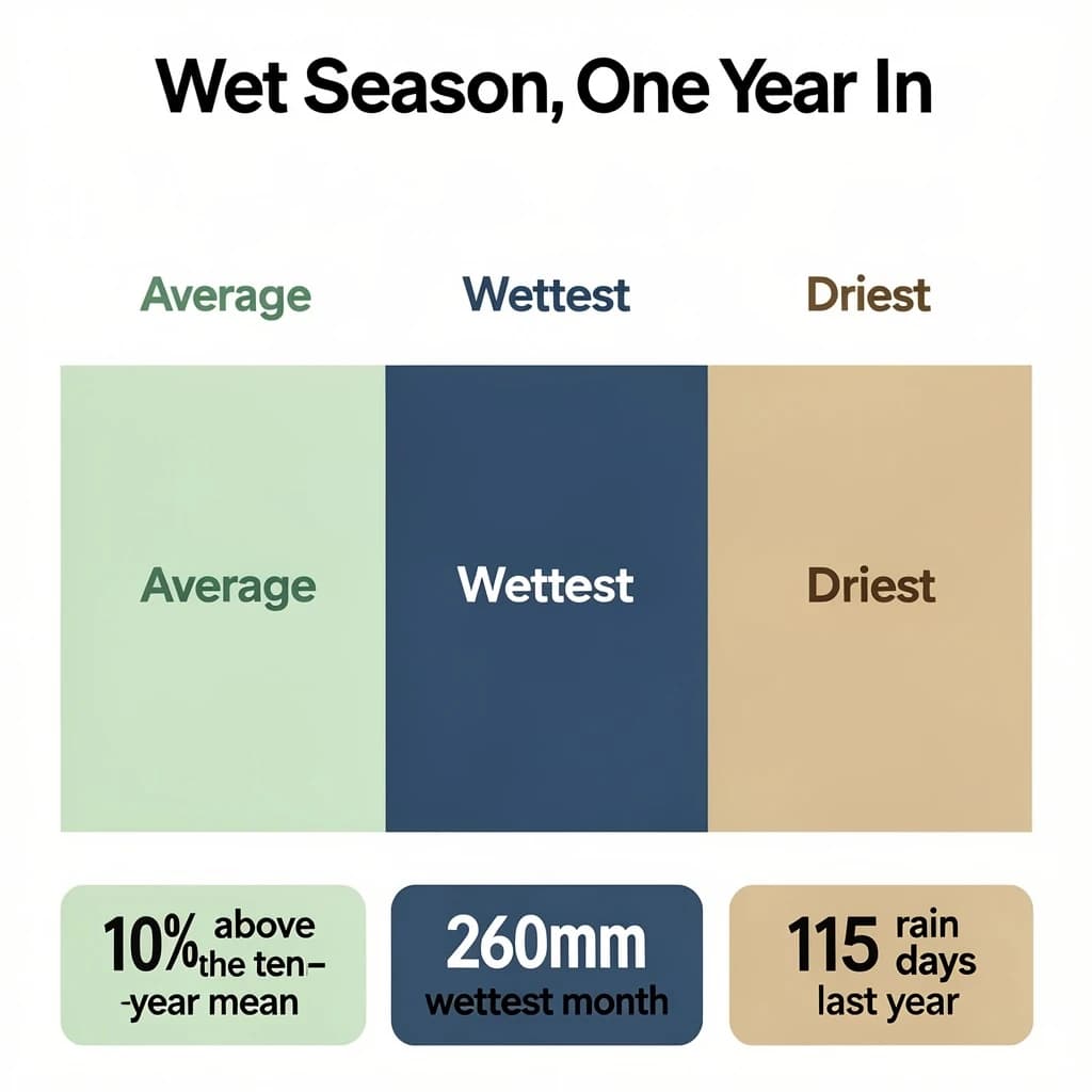 Flat vector illustration titled "Wet Season, One Year In". A twelve-month rainfall timeline sits at the center, carrying three keyed regions, "Average" shaded pale green, "Wettest" shaded dark blue and "Driest" shaded sand. Three stat chips run down a bottom row, reading "10% above the ten-year mean", "260mm in the wettest month" and "115 rain days last year". Each key color matches the shading of the region it names.