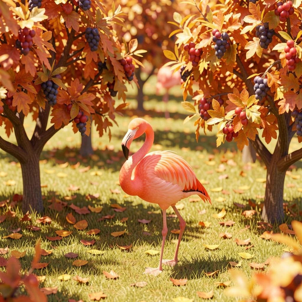 flamingo, autumn orchard, bright midday sun, telephoto compression, isometric 3D, subtle texture