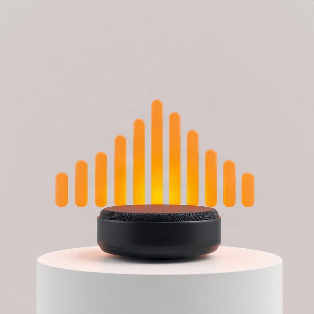 Cinematic 3D render of a matte black speaker puck on a white plinth, with a sound waveform behind it built from fourteen glowing amber bars in a gentle curve, the three tallest centred directly behind the puck and the bars shortening evenly toward both ends.