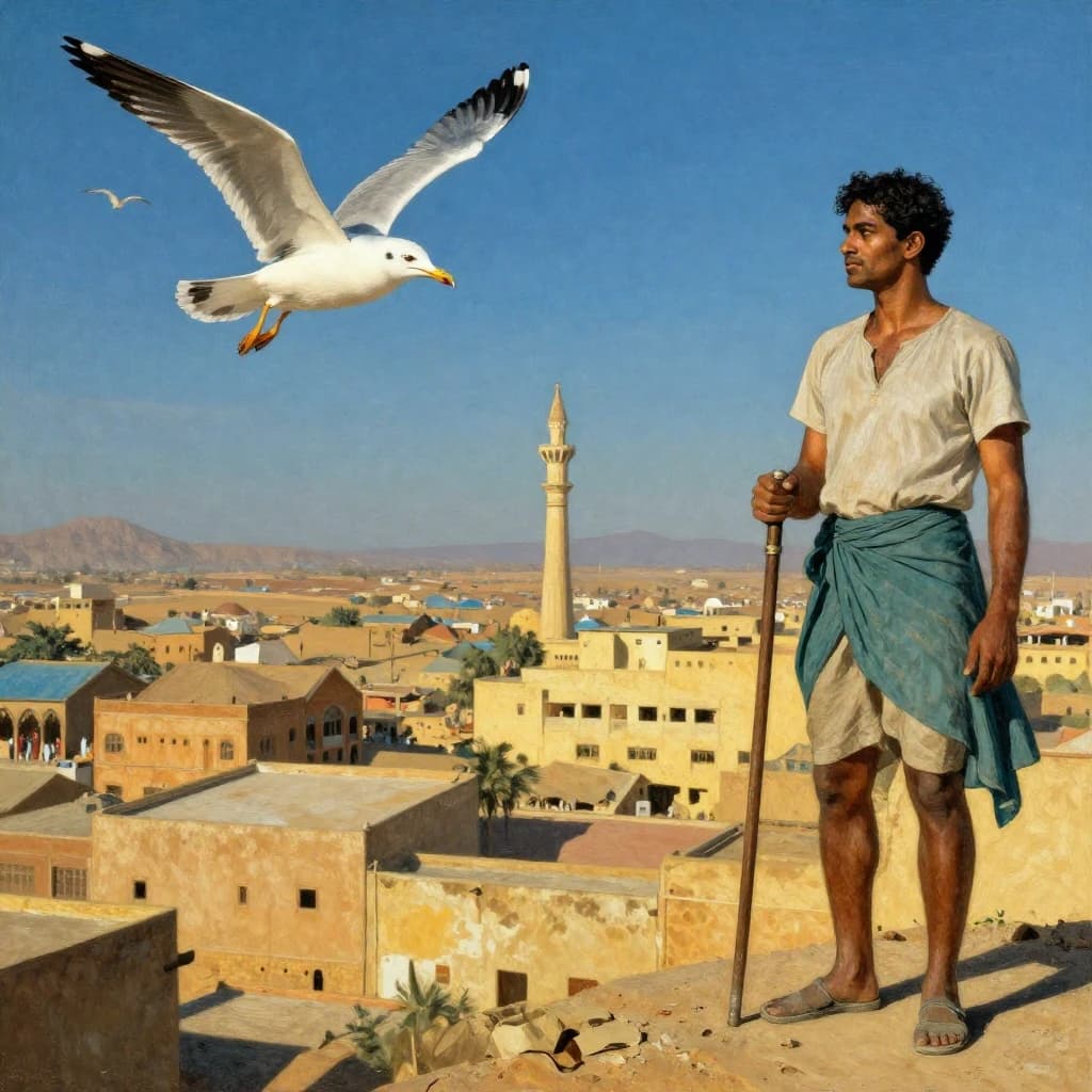 Seagull and Odonate in Khartoum, Sudan in the style of futurism