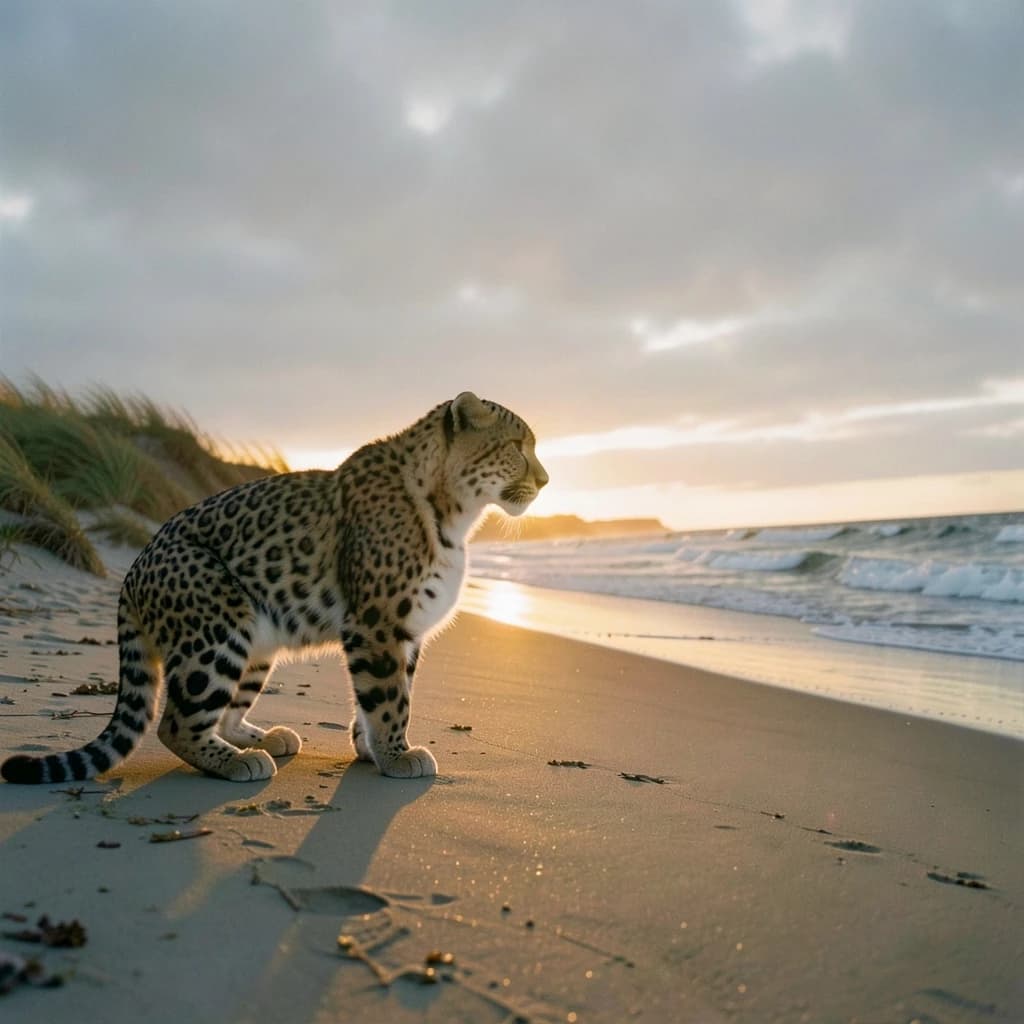 The pause when a snow leopard meets a low band of sun, on a windswept beach, under an overcast sky.