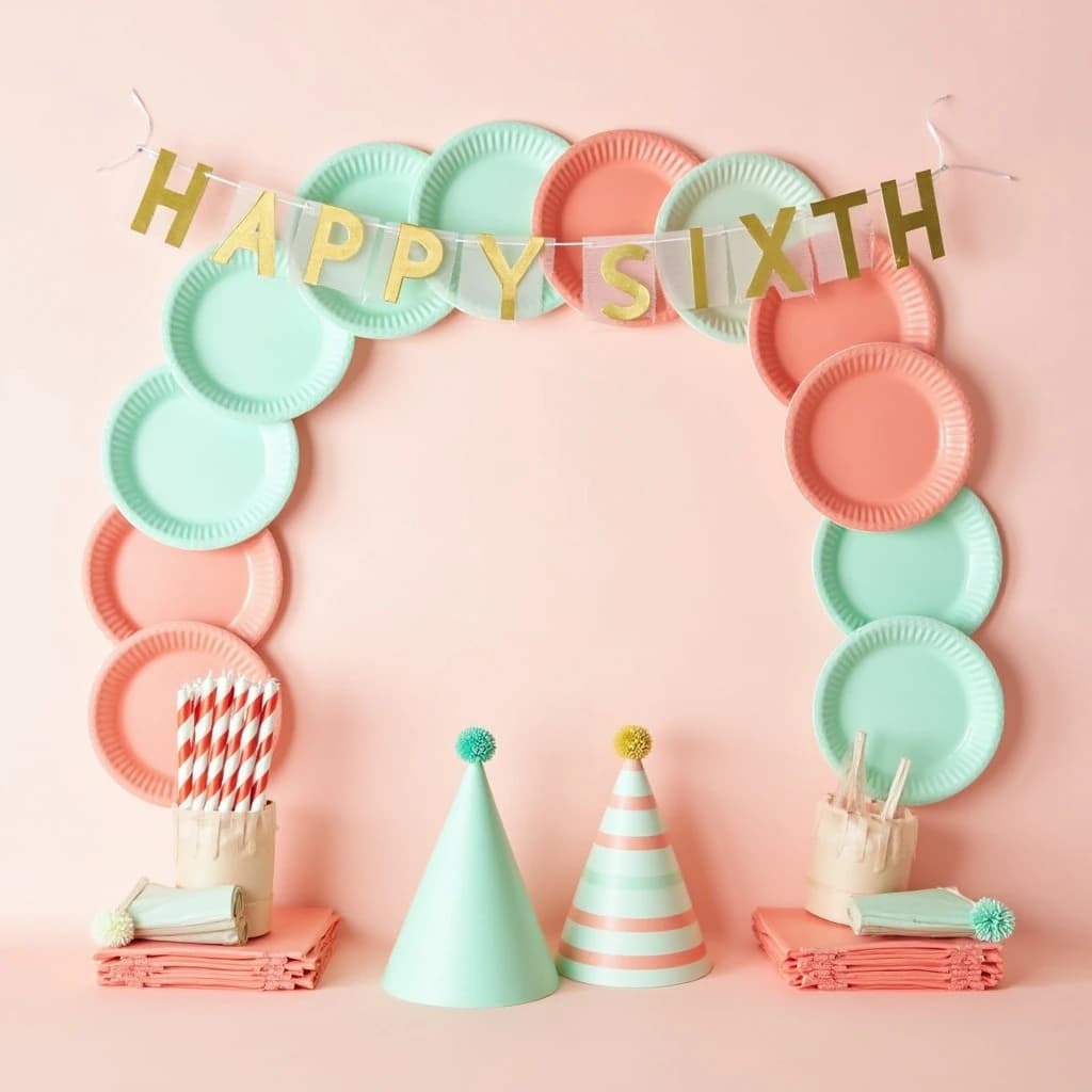 Flat lay photograph on pale pink paper, lit softly from above.
Eight paper plates fanned in an arc across the top of the frame, alternating mint and coral, four of each, mint first from the left.
Below the arc, twelve striped candles bundled under a paper band, laid diagonally.
Three cone party hats stacked at the lower left, only the middle hat trimmed with a pom pom.
At the lower right, six folded napkins in two piles of three, one pile mint and one coral.
A paper banner strung across the very top spells "HAPPY SIXTH" in gold letters, a few letters overlapping the plate arc.
