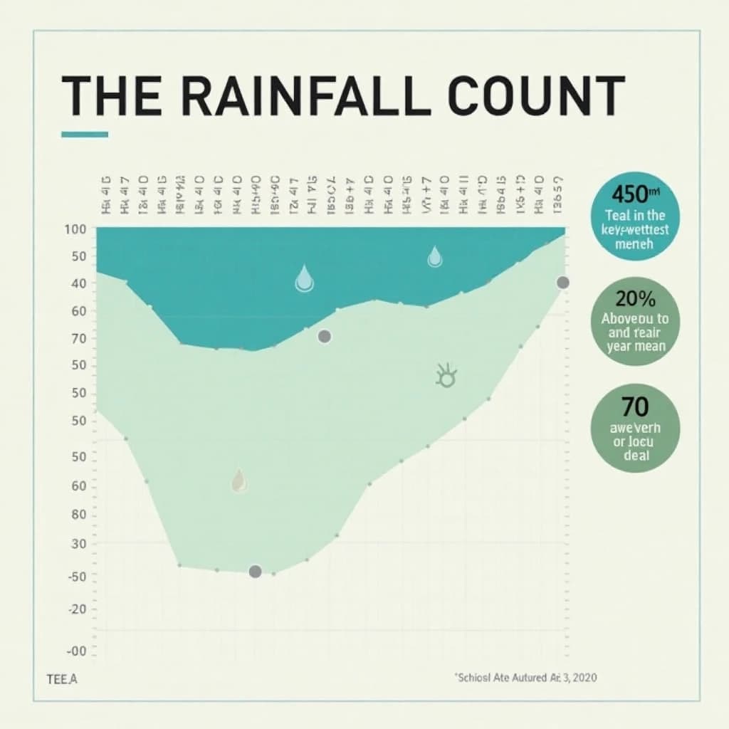 Printed poster titled "The Rainfall Count": at the center a twelve-month rainfall timeline, carrying three keyed regions, "Wettest" shaded dark blue, "Driest" shaded sand and "Average" shaded pale green, beside a right column of three stat chips reading "450mm in the wettest month", "20% above the ten-year mean" and "70 rain days last year".