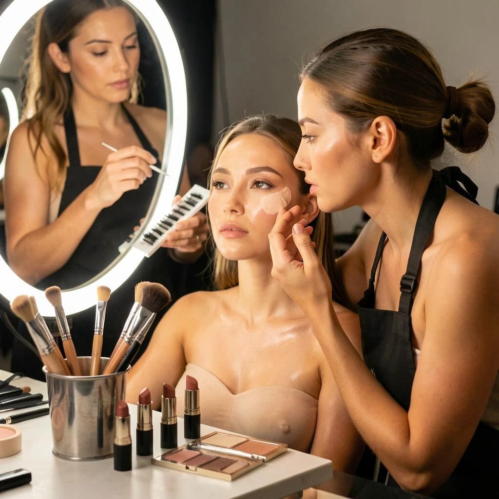 Fashion photograph at a backstage vanity lit by a ring light. A makeup artist in a black apron leans in from the right and blends cream blush into a seated model's cheekbone with her fingers, while a second artist standing behind them holds a lash tray in one hand and tweezers in the other, mid pick. On the counter between them: six brushes standing bristle up in a metal cup, three lipstick bullets lying in a row with their caps off beside them, and one open palette showing two used shades and four untouched. Warm skin tones, glossy highlights, shallow depth of field.