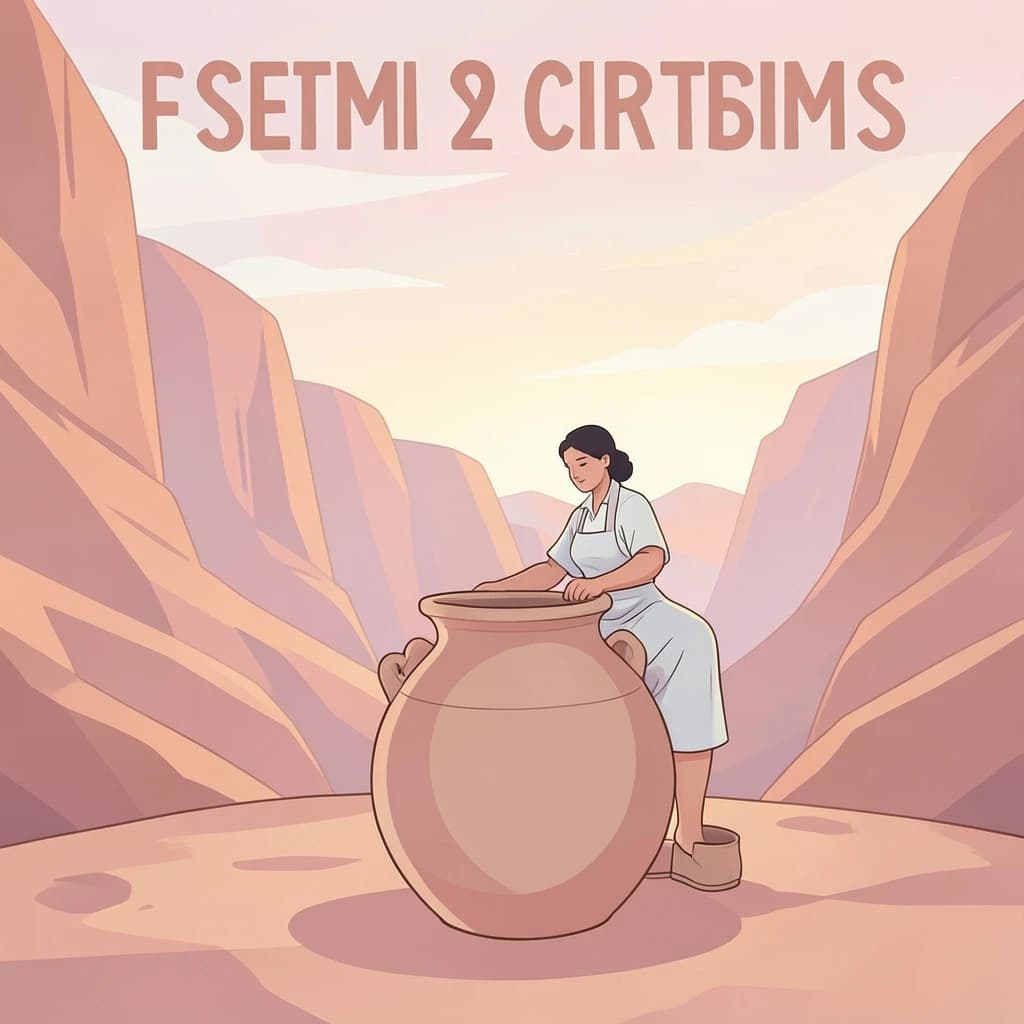 Poster illustration of a potter in a desert canyon, soft gradient fills, smooth vector finish, pastel palette.