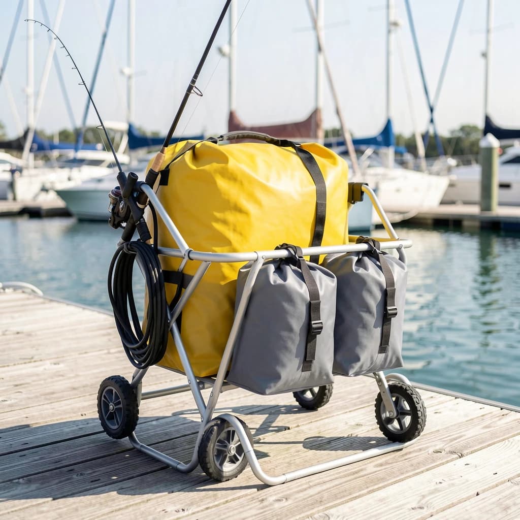 Lifestyle listing photo on a marina dock: a folding dock cart holding three dry bags, the largest yellow and the two smaller ones grey, two fishing rods leaning against the handle, and one coiled dock line hanging from the front rail. Masts blurred behind.