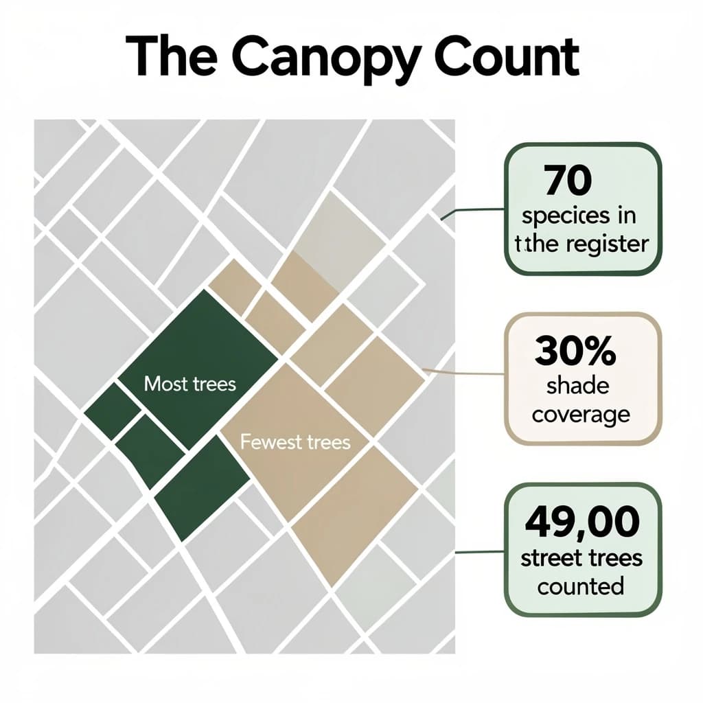 Flat infographic titled "The Canopy Count": at the center a simplified street map with shaded districts, carrying two keyed regions, "Most trees" shaded dark green and "Fewest trees" shaded tan, beside a right column of three stat chips reading "70 species in the register", "30% shade coverage" and "49,000 street trees counted".