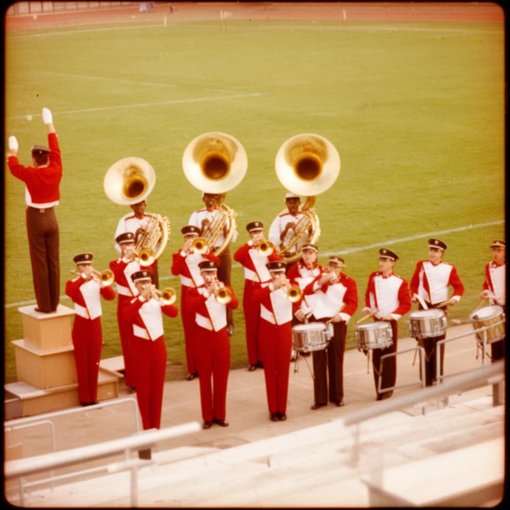 Nineteen seventies Kodachrome-era colour film look, faded warm grain and slight overexposure: a high school marching band seen from a stadium walkway. Front rank of five trumpet players in red and white uniforms, all with horns raised. Behind them three sousaphones in a triangle, the middle player caught mid turn. A line of four drummers to the right, the snare drummer nearest the camera mid stroke. A single drum major stands on a podium at the far left with his back to us, arms up. Empty green field behind them.
