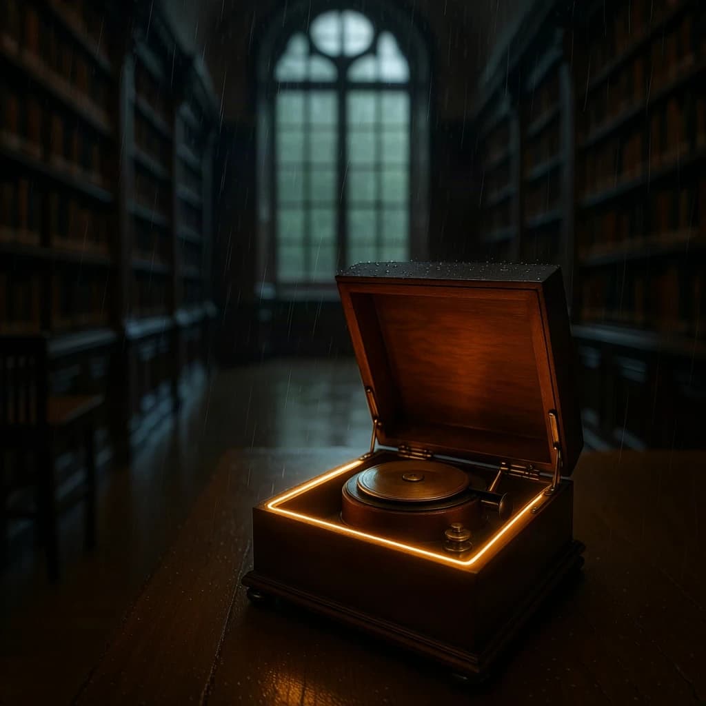 The quiet second when a music box takes on a thin rim of warm light, in a quiet library, in light rain.
