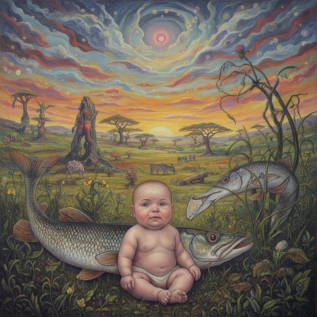 Baby and Garpike in Nairobi, Kenya in the style of surrealist