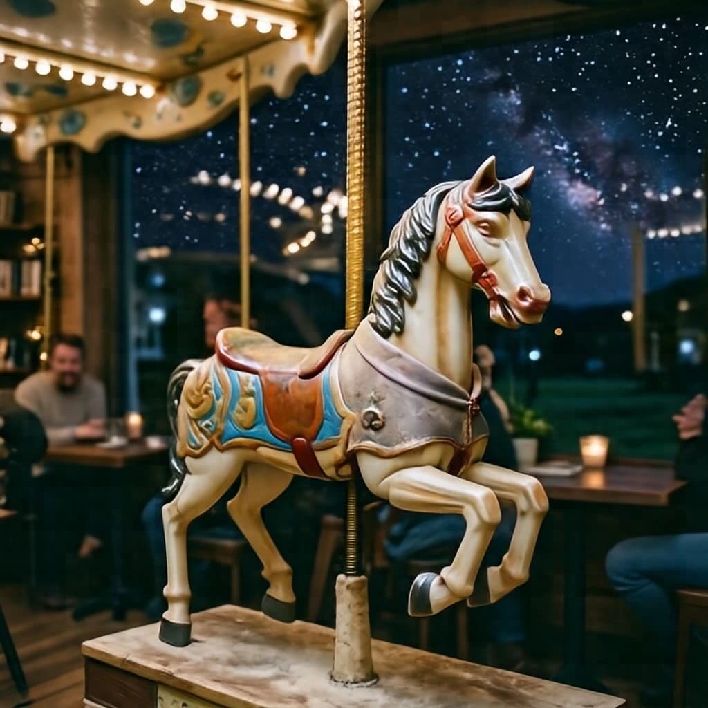 The pause when a carousel horse wears a faint coat of dust, inside a cozy cafe, under a starry night sky.