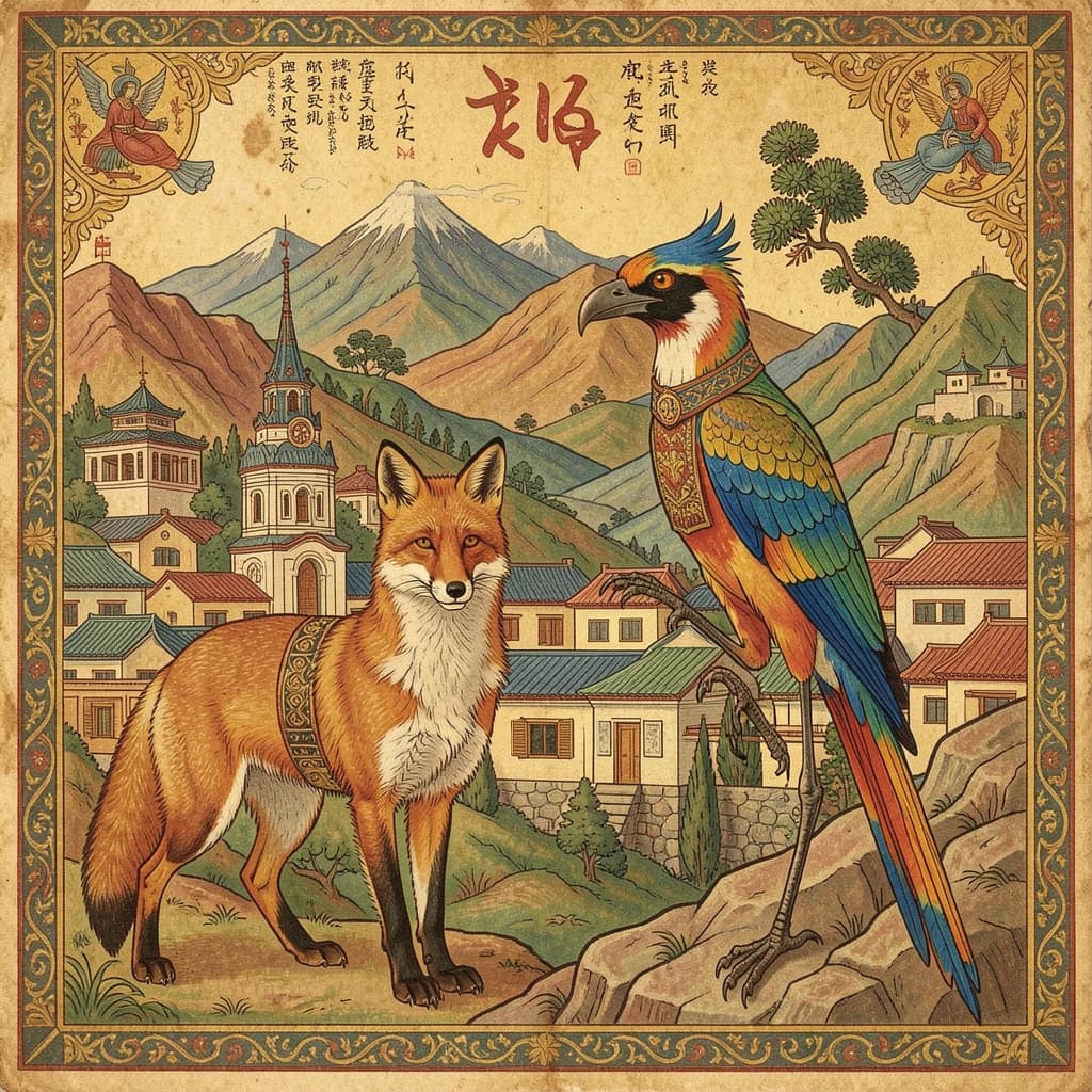 Fox and Turaco in Pyongyang, North Korea in the style of byzantine