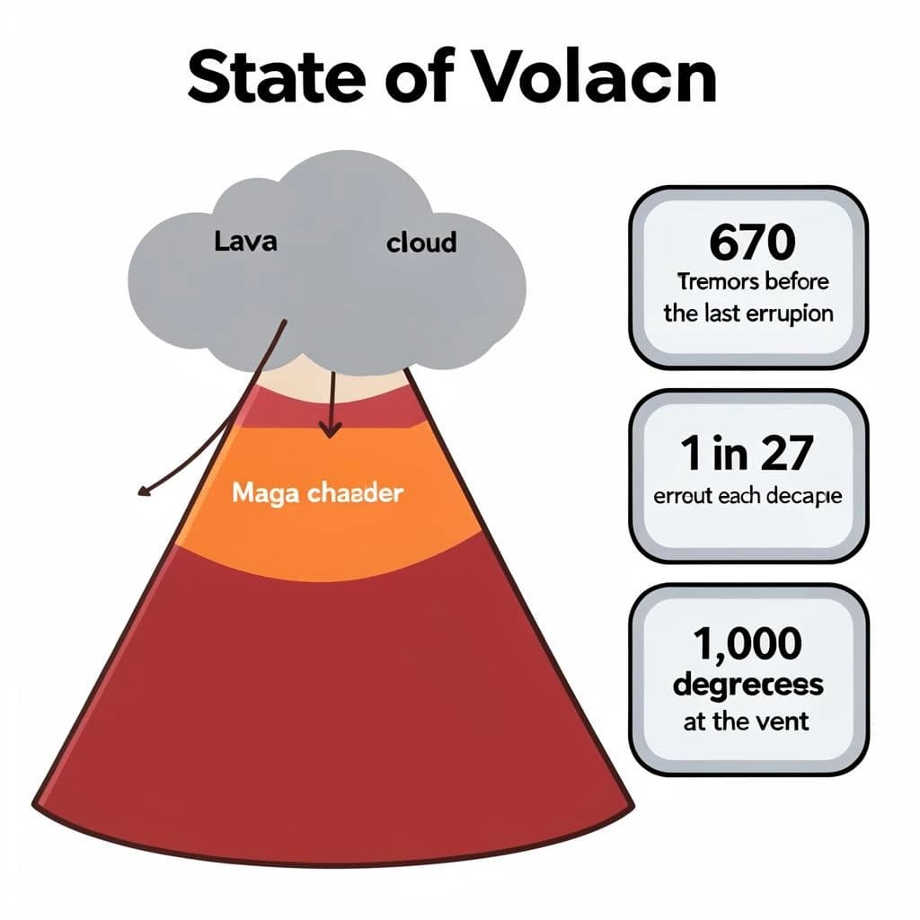 Flat vector illustration titled "State of Volcano": at the center a cutaway cone, carrying three keyed regions, "Lava channel" shaded red, "Ash cloud" shaded gray and "Magma chamber" shaded orange, beside a right column of three stat chips reading "670 tremors before the last eruption", "1 in 27 erupt each decade" and "1,000 degrees at the vent".