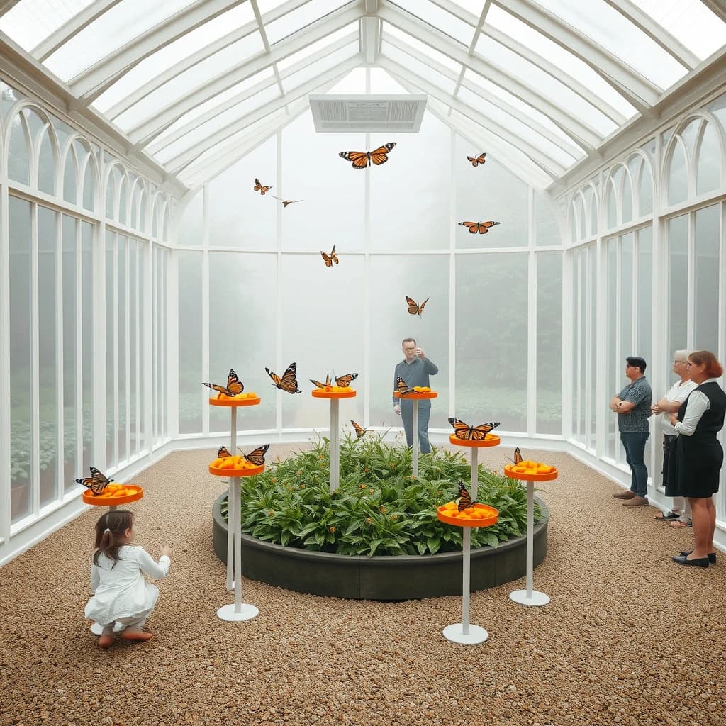 Interior render of a glasshouse butterfly conservatory, white cast iron arches and misted glass, humid morning light.
A raised planting bed spirals through the centre with a gravel path running around it. Five feeding stations on slim posts stand along the path, each holding a shallow dish of orange slices: monarch butterflies cluster on three of the dishes while two are untouched. Seven more monarchs rest on the milkweed in the bed and two are in flight above the path. Three visitors in the room, a child crouching at the nearest feeding station, an adult behind her pointing upward, and a guide standing at the far end beside an information board. Fine mist drifting near the roof vents. Physically based render.