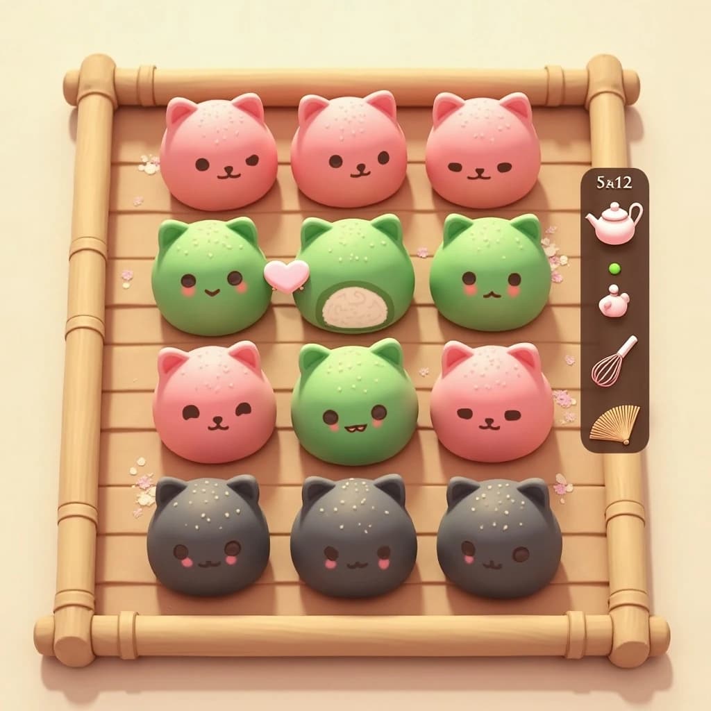 Match three board for a cozy sweets game, cute stylized 3D animation look. Nine mochi in a three by three grid on a bamboo tray: the top row strawberry pink, the middle row matcha green, the bottom row black sesame grey. The center green one has a bite taken out and a small heart icon floating above it. Two of the pink mochi wear tiny cat ears. To the right of the tray, a vertical strip of three power up icons, a whisk, a teapot and a fan. Soft pastel lighting, glossy dusted surfaces.