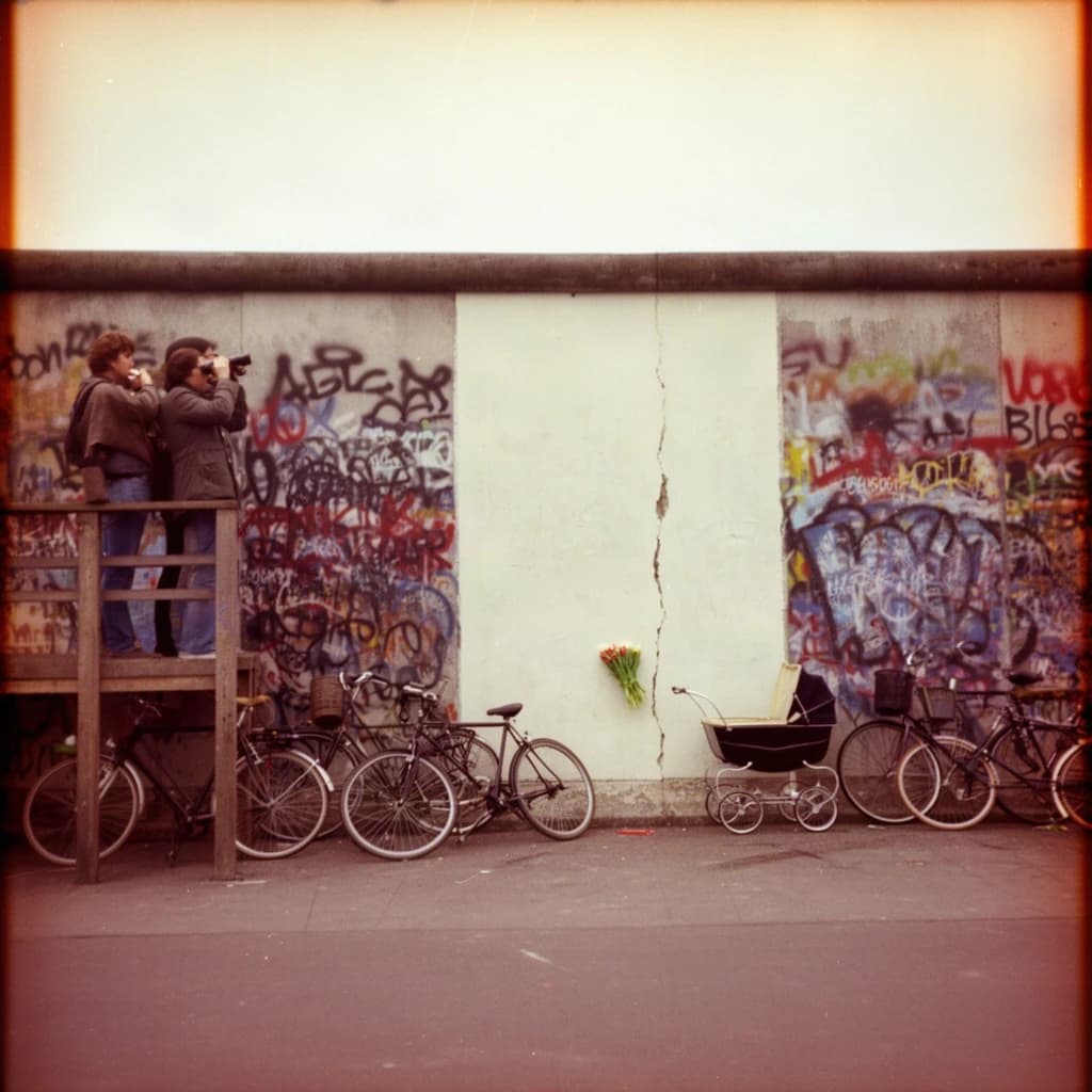 Shot on 1970s Kodachrome era color film, warm grain and slightly faded reds. A stretch of the Berlin Wall on a grey afternoon, covered in overlapping graffiti with one clean unpainted panel in the middle. Three people stand on a wooden viewing platform at the left, two of them looking over the top through binoculars while the third has turned back toward the camera with a cigarette. Four bicycles lean along the base of the wall, three upright and one fallen on its side. A pram is parked below the clean panel with a small bunch of tulips wedged into a crack above it. No cars in the frame.