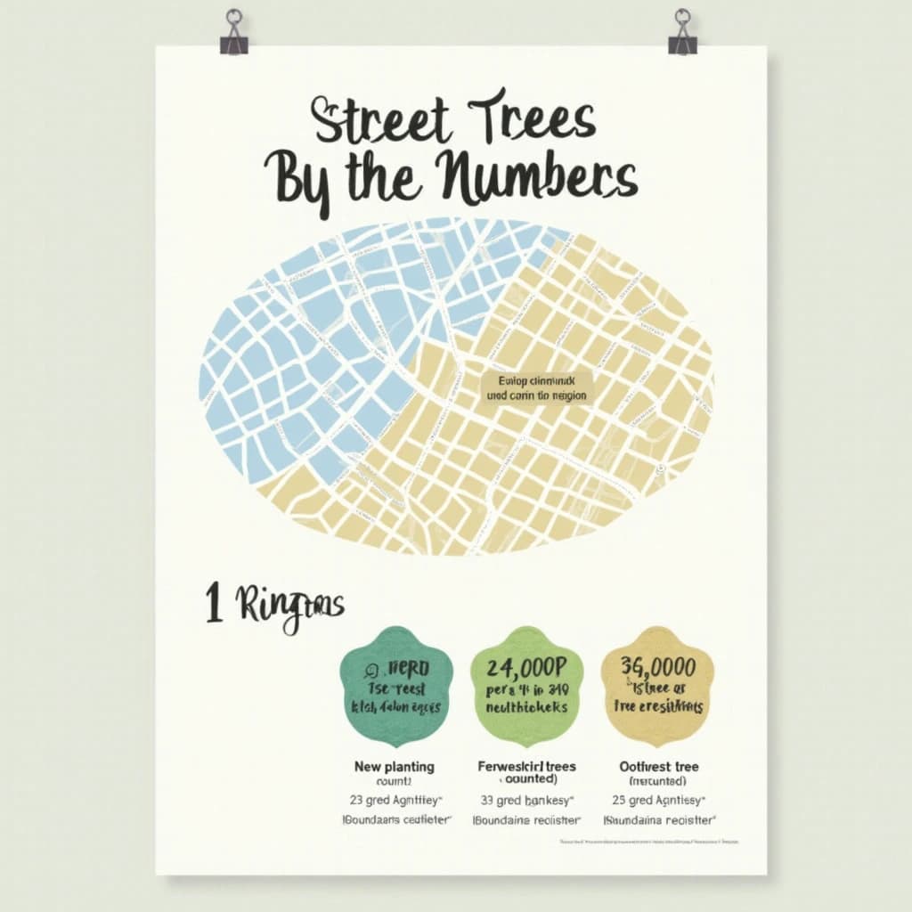 Printed poster titled "Street Trees by the Numbers": at the center a simplified street map with shaded districts, carrying two keyed regions, "New planting" shaded light blue and "Fewest trees" shaded tan, beside a bottom row of three stat chips reading "1 tree per 14 residents", "23,000 street trees counted" and "130 species in the register".