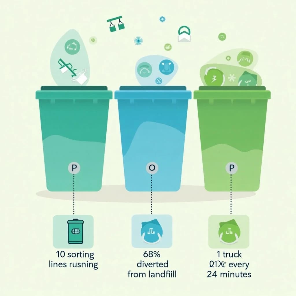 Flat vector illustration titled "The Curbside Problem". Three sorting bins with arrows to their destinations sits at the center, carrying two keyed regions, "Paper" shaded blue and "Glass" shaded green. Three stat chips run down a bottom row, reading "10 sorting lines running", "68% diverted from landfill" and "1 truck every 24 minutes". Each key color matches the shading of the region it names.