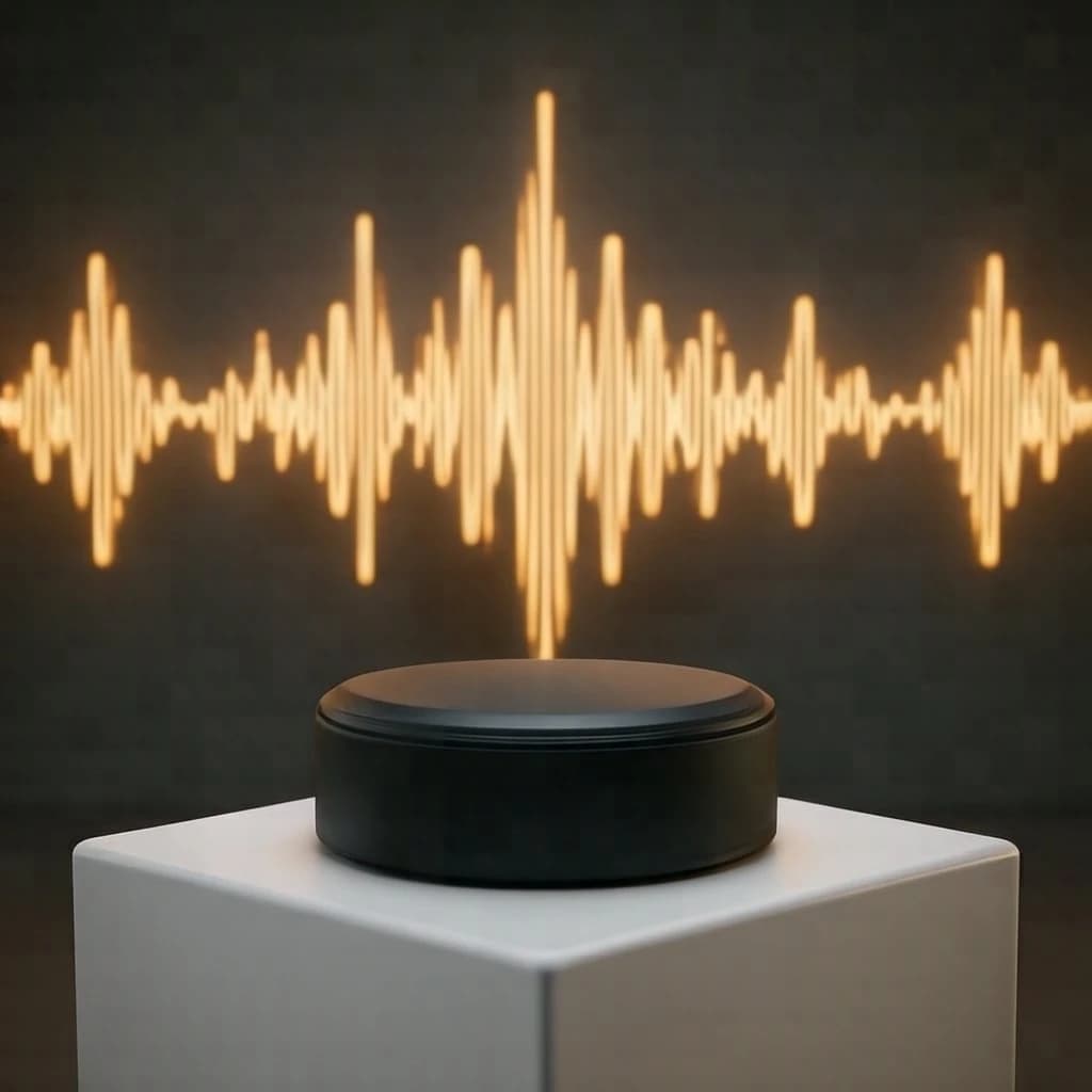 Cinematic 3D render of a matte black speaker puck on a white plinth, with a sound waveform behind it built from fourteen glowing amber bars in a gentle curve, the three tallest centred directly behind the puck and the bars shortening evenly toward both ends.