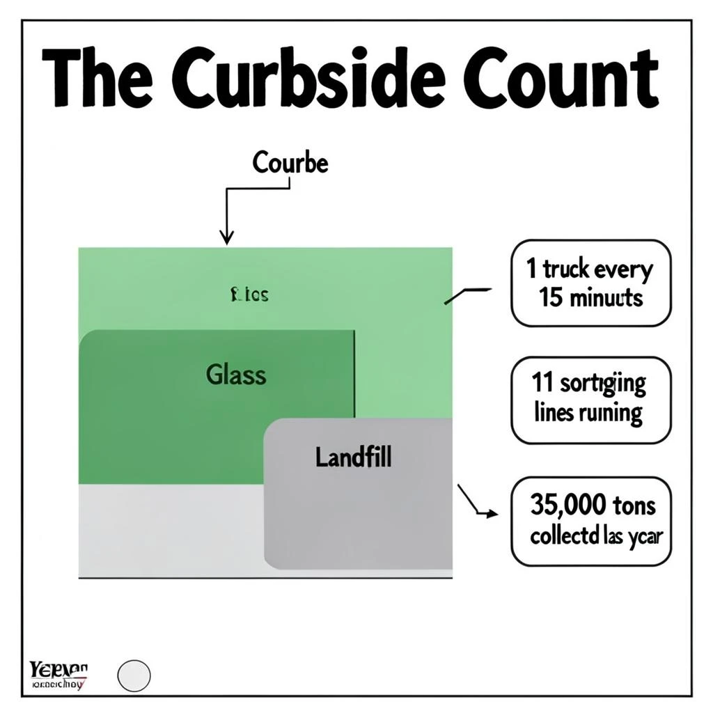 Printed poster titled "The Curbside Count": at the center a flow chart from curb to sorting floor, carrying two keyed regions, "Glass" shaded green and "Landfill" shaded gray, beside a right column of three stat chips reading "1 truck every 15 minutes", "11 sorting lines running" and "35,000 tons collected last year".