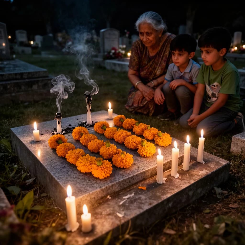 Photojournalism frame from a cemetery vigil at night: one grave slab carrying seven marigold garlands and nine lit candles, three of the candles guttered out and smoking, a grandmother and two children kneeling along the near edge.