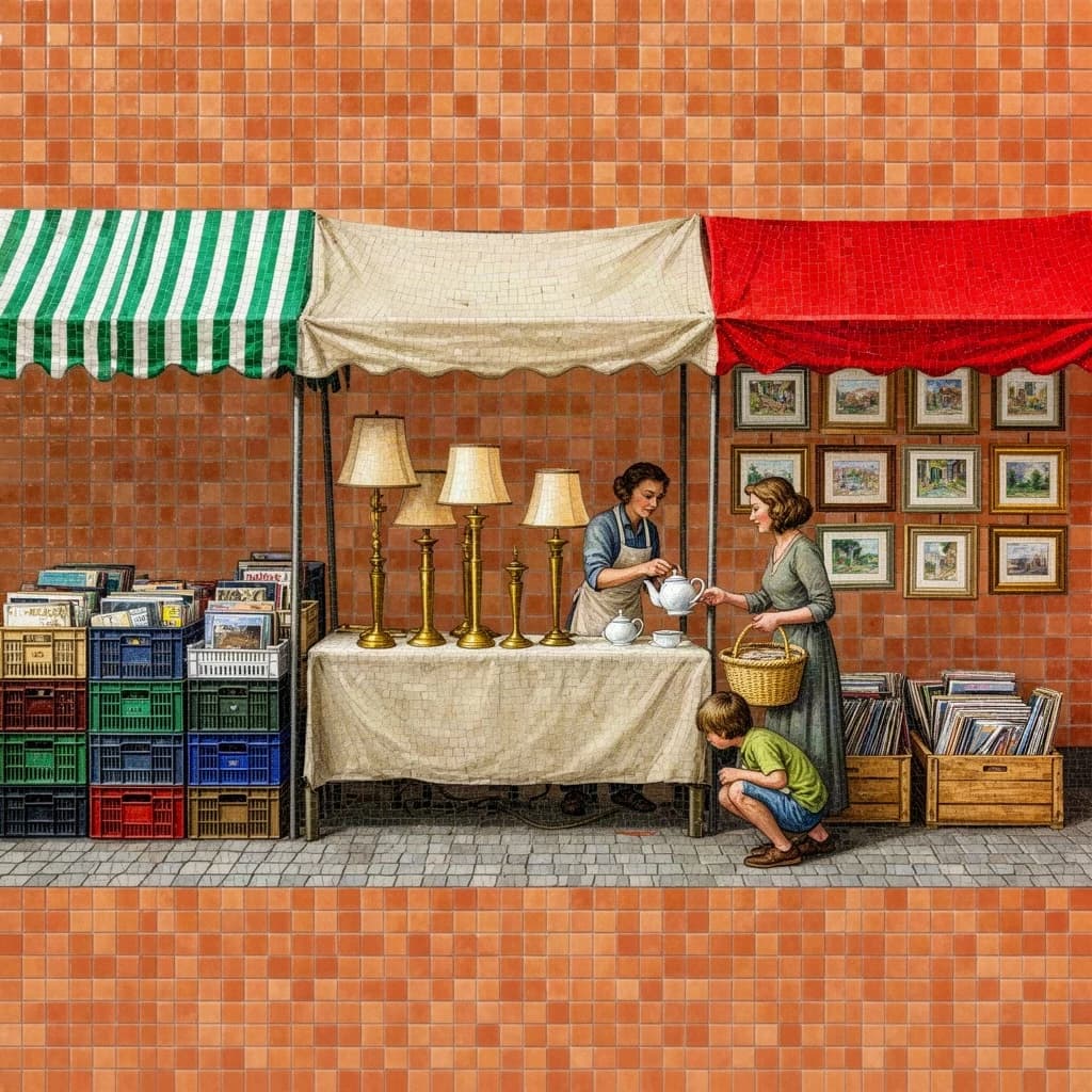 Glass tile mosaic of a Sunday flea market seen from a slightly raised angle, small square tesserae and warm terracotta grout. Three stall awnings in a row: the left one striped green and white over stacked vinyl crates, the middle plain canvas over six brass lamps with only the two tallest wearing shades, the right red awning hung with nine framed pictures in three rows of three. Under the middle awning a vendor in an apron hands a teapot across the table to a woman holding a straw basket, while a boy crouches at her feet by a crate of records. No lettering anywhere.