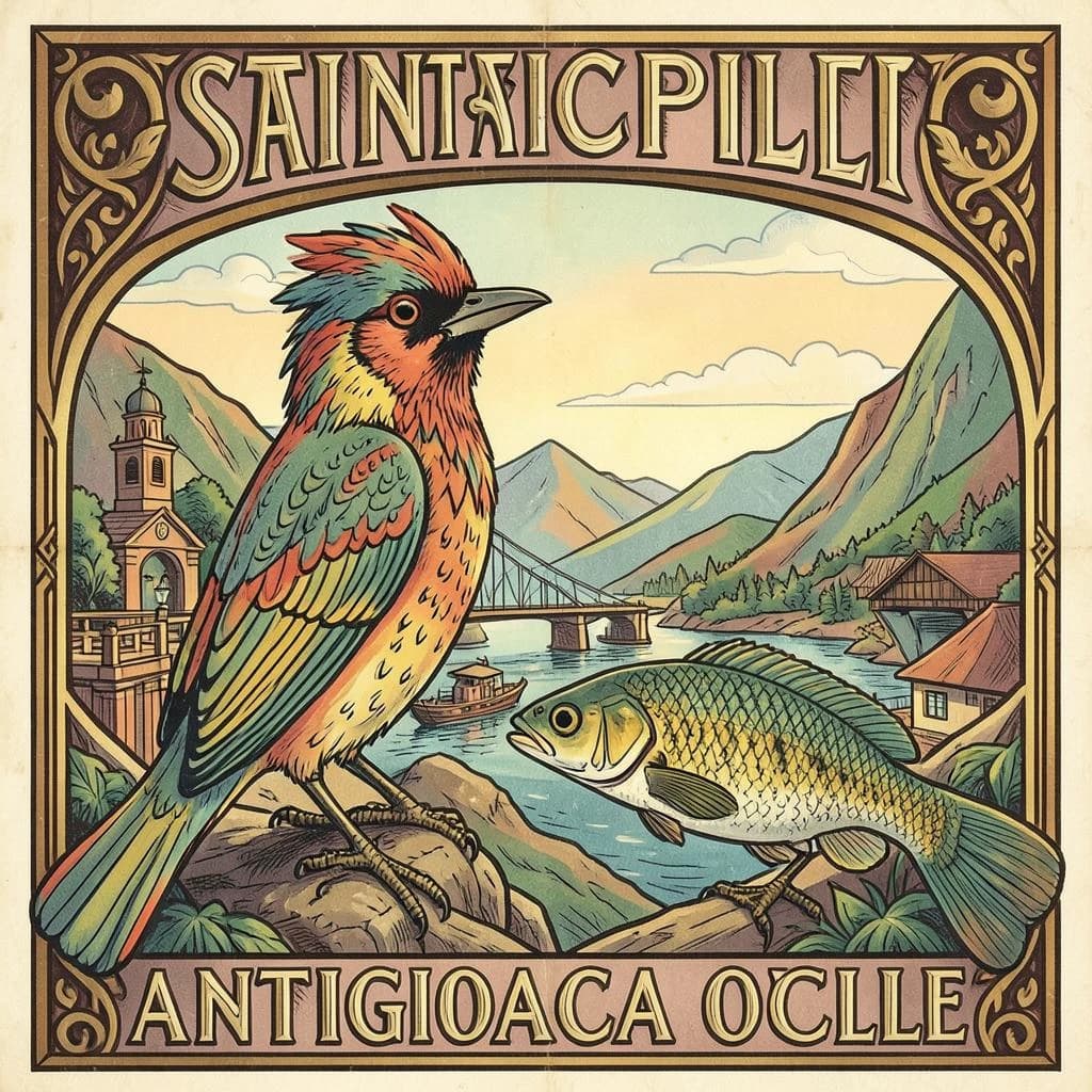 Crested Myna and Gudgeon in Santiago, Chile in the style of art deco