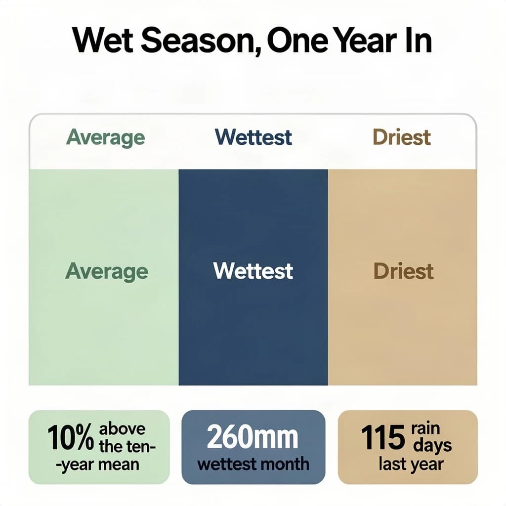 Flat vector illustration titled "Wet Season, One Year In". A twelve-month rainfall timeline sits at the center, carrying three keyed regions, "Average" shaded pale green, "Wettest" shaded dark blue and "Driest" shaded sand. Three stat chips run down a bottom row, reading "10% above the ten-year mean", "260mm in the wettest month" and "115 rain days last year". Each key color matches the shading of the region it names.