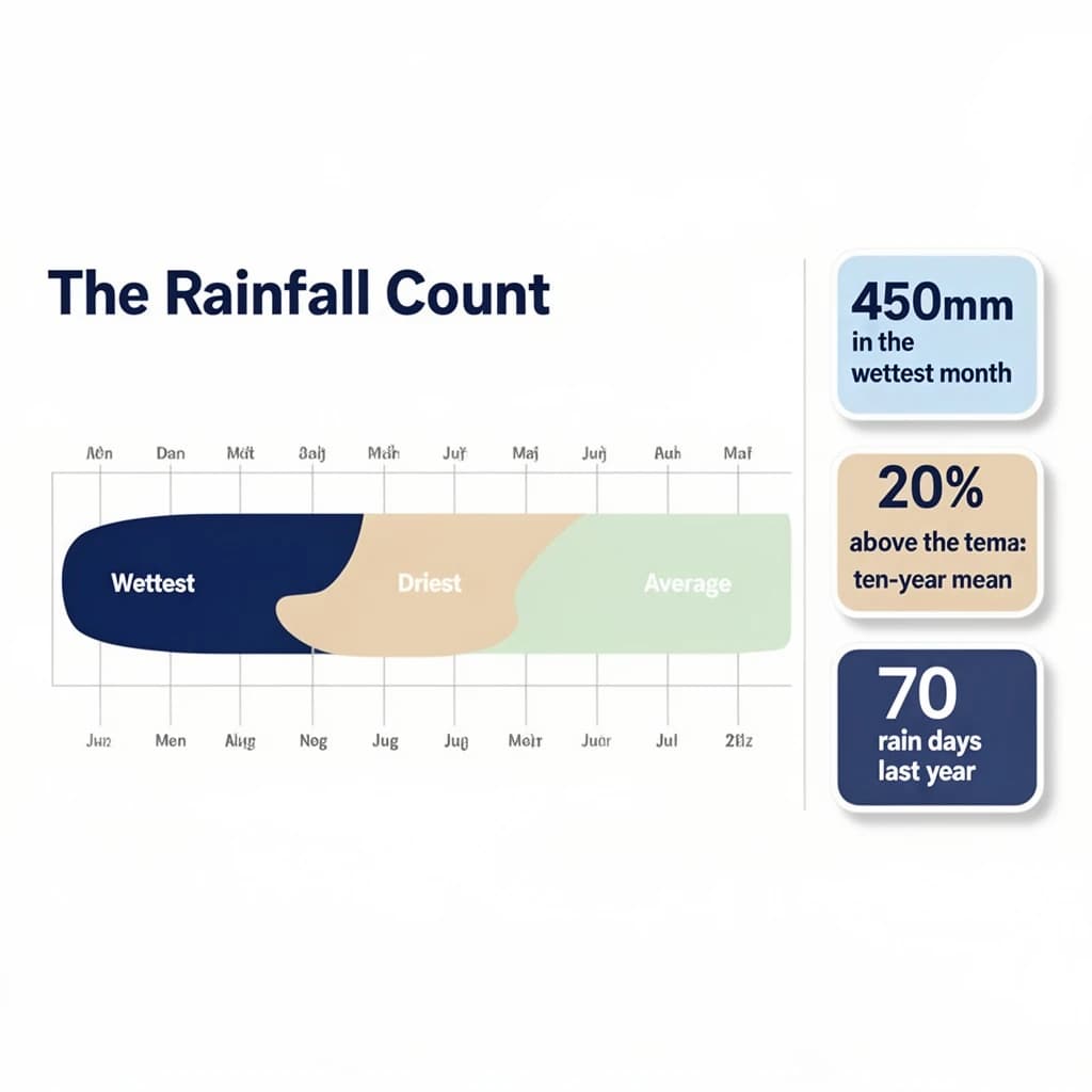Printed poster titled "The Rainfall Count": at the center a twelve-month rainfall timeline, carrying three keyed regions, "Wettest" shaded dark blue, "Driest" shaded sand and "Average" shaded pale green, beside a right column of three stat chips reading "450mm in the wettest month", "20% above the ten-year mean" and "70 rain days last year".