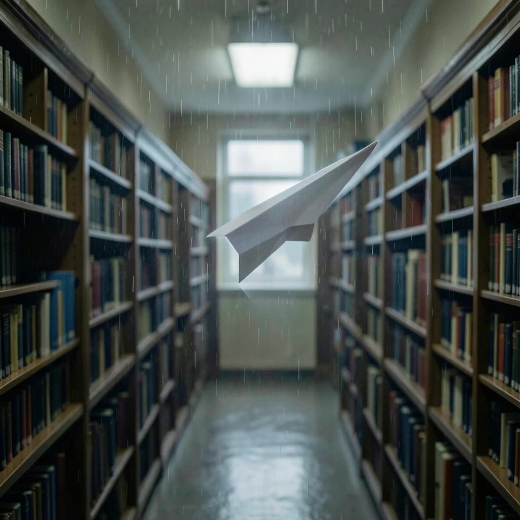 The quiet second when a paper airplane picks up a soft edge highlight, in a quiet library, after a light rain shower.