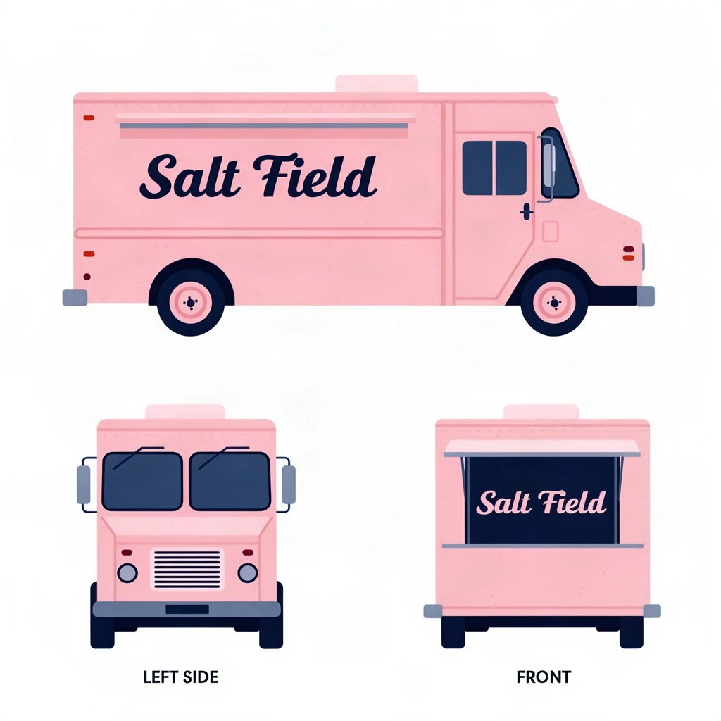 Flat vector illustration of the same food truck drawn in two sides, captioned "left side" and "front", every side carrying the wordmark "Salt Field" in the same pink-and-navy coloring, only the side changing.