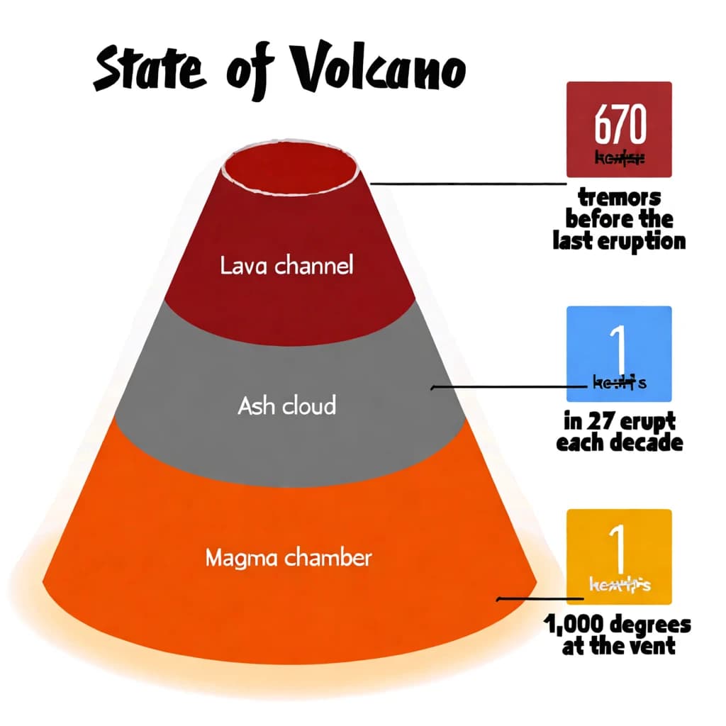 Flat vector illustration titled "State of Volcano": at the center a cutaway cone, carrying three keyed regions, "Lava channel" shaded red, "Ash cloud" shaded gray and "Magma chamber" shaded orange, beside a right column of three stat chips reading "670 tremors before the last eruption", "1 in 27 erupt each decade" and "1,000 degrees at the vent".
