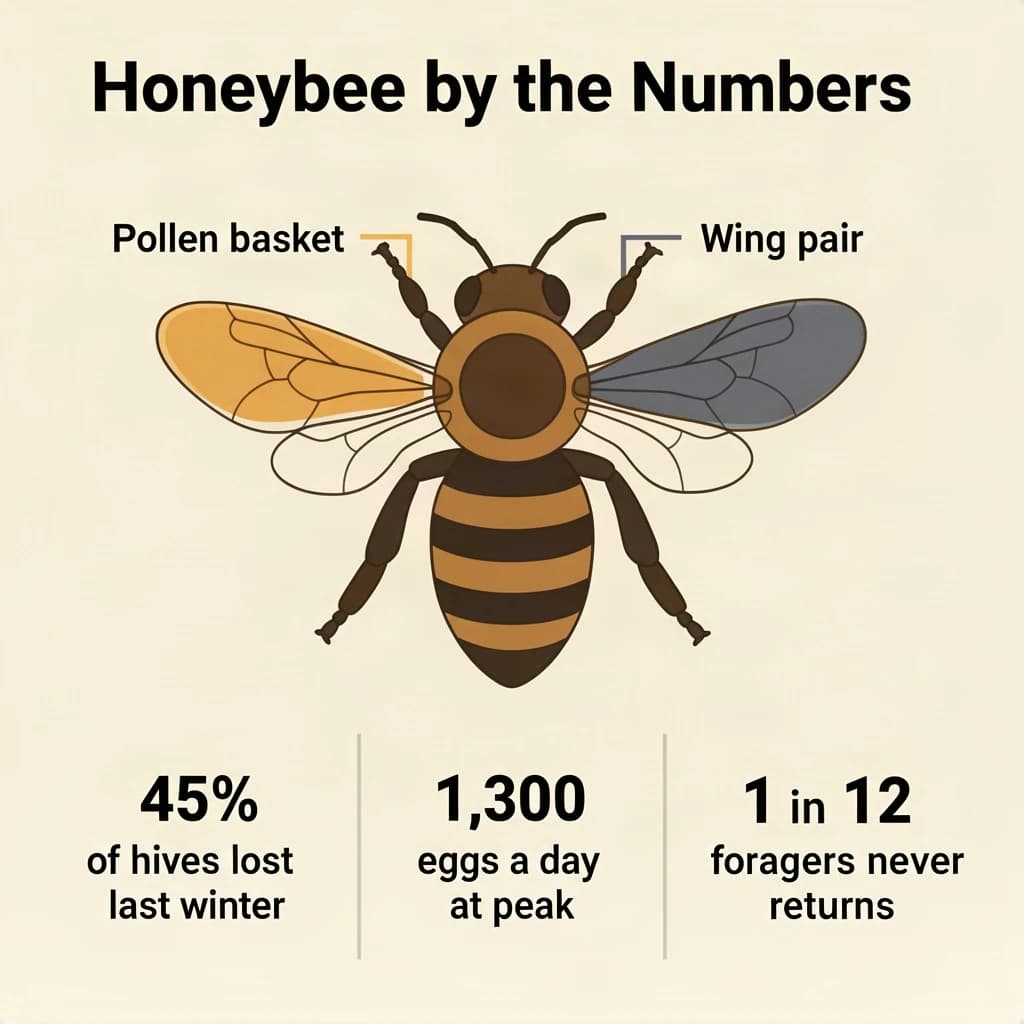 Flat vector illustration titled "Honeybee by the Numbers". A labeled bee diagram sits at the center, carrying two keyed regions, "Pollen basket" shaded amber and "Wing pair" shaded slate. Three stat chips run down a bottom row, reading "45% of hives lost last winter", "1,300 eggs a day at peak" and "1 in 12 foragers never returns". Each key color matches the shading of the region it names.