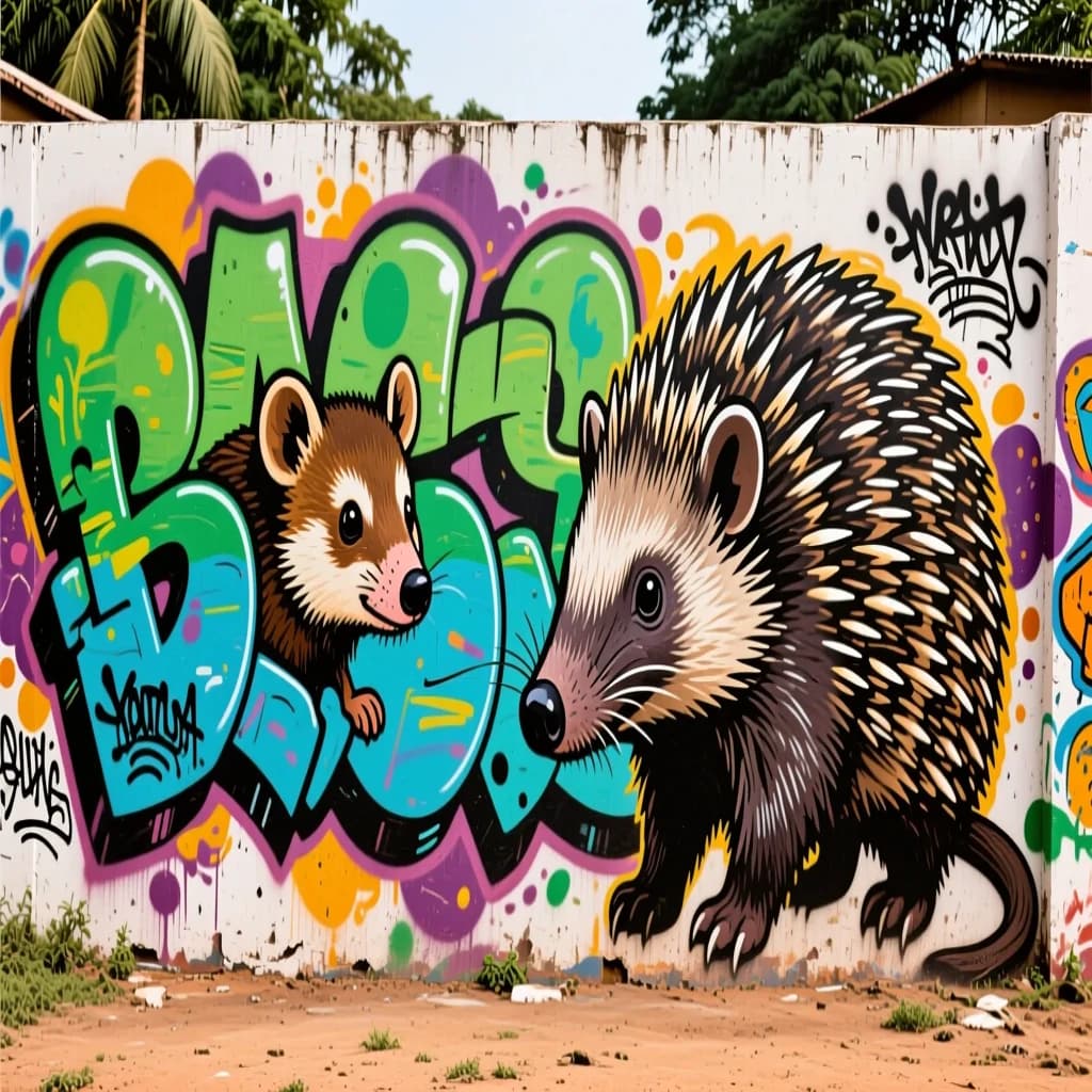 Civet and Aardvark in Yamoussoukro, Côte d'Ivoire in the style of graffiti