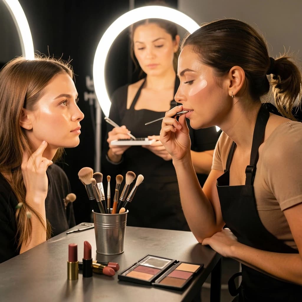 Fashion photograph at a backstage vanity lit by a ring light. A makeup artist in a black apron leans in from the right and blends cream blush into a seated model's cheekbone with her fingers, while a second artist standing behind them holds a lash tray in one hand and tweezers in the other, mid pick. On the counter between them: six brushes standing bristle up in a metal cup, three lipstick bullets lying in a row with their caps off beside them, and one open palette showing two used shades and four untouched. Warm skin tones, glossy highlights, shallow depth of field.