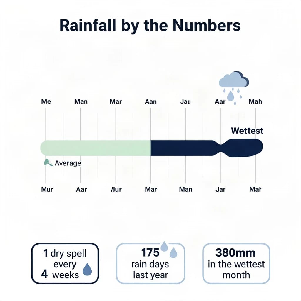 Flat infographic titled "Rainfall by the Numbers": at the center a twelve-month rainfall timeline, carrying two keyed regions, "Average" shaded pale green and "Wettest" shaded dark blue, beside a bottom row of three stat chips reading "1 dry spell every 4 weeks", "175 rain days last year" and "380mm in the wettest month".