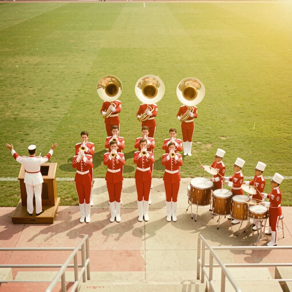 Nineteen seventies Kodachrome-era colour film look, faded warm grain and slight overexposure: a high school marching band seen from a stadium walkway. Front rank of five trumpet players in red and white uniforms, all with horns raised. Behind them three sousaphones in a triangle, the middle player caught mid turn. A line of four drummers to the right, the snare drummer nearest the camera mid stroke. A single drum major stands on a podium at the far left with his back to us, arms up. Empty green field behind them.