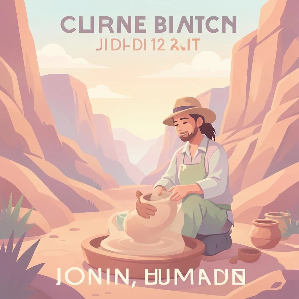 Poster illustration of a potter in a desert canyon, soft gradient fills, smooth vector finish, pastel palette.