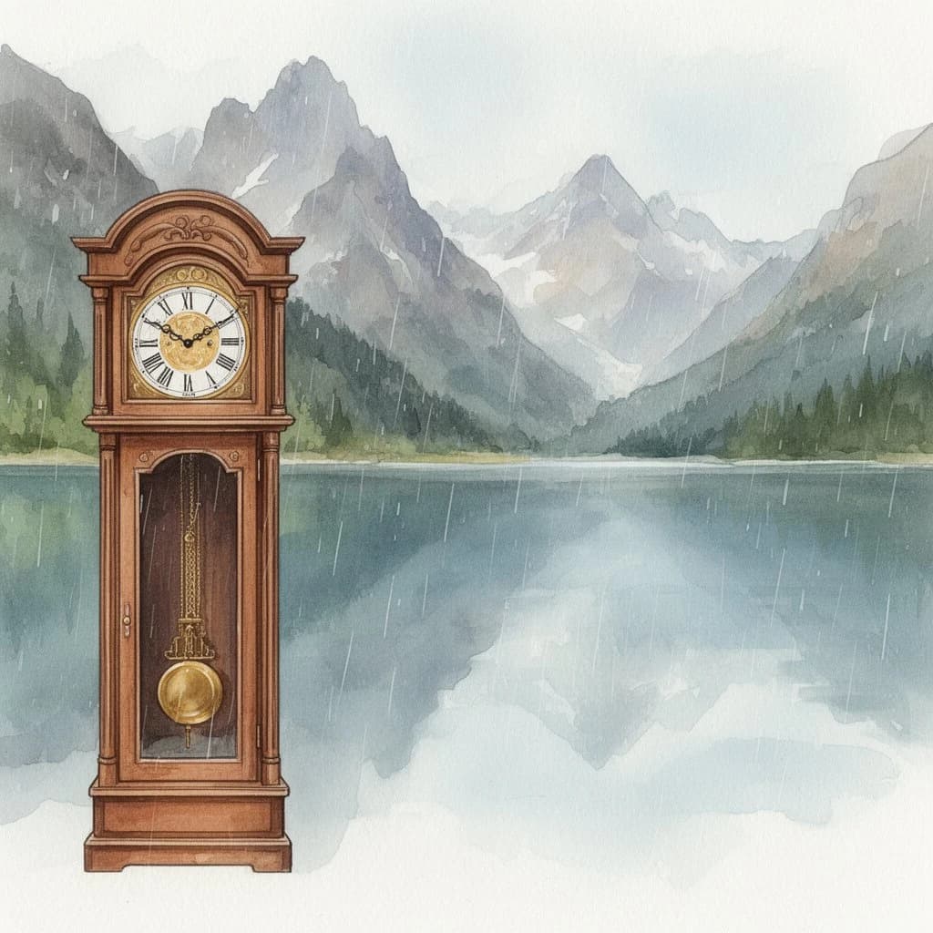 grandfather clock, mountain lake, light rain, overhead flat lay, watercolor, soft edges