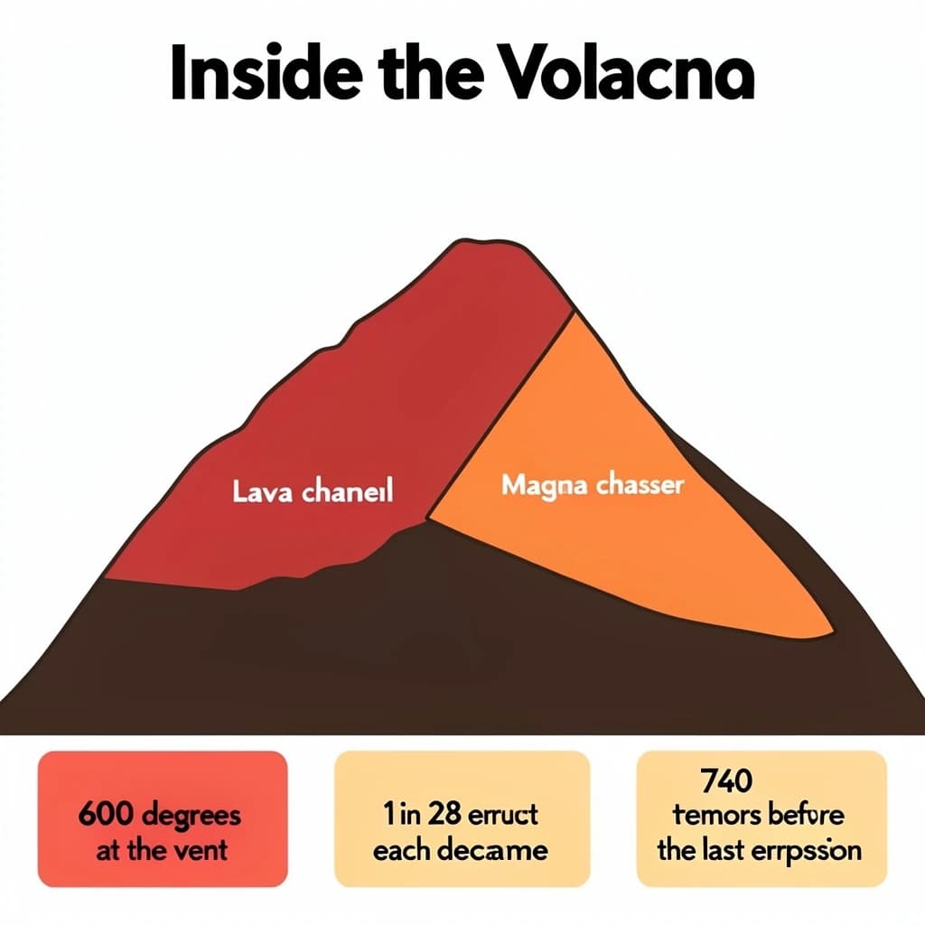 Flat infographic titled "Inside the Volcano". A simplified hazard map of the slopes sits at the center, carrying two keyed regions, "Lava channel" shaded red and "Magma chamber" shaded orange. Three stat chips run down a bottom row, reading "600 degrees at the vent", "1 in 28 erupt each decade" and "760 tremors before the last eruption". Each key color matches the shading of the region it names.