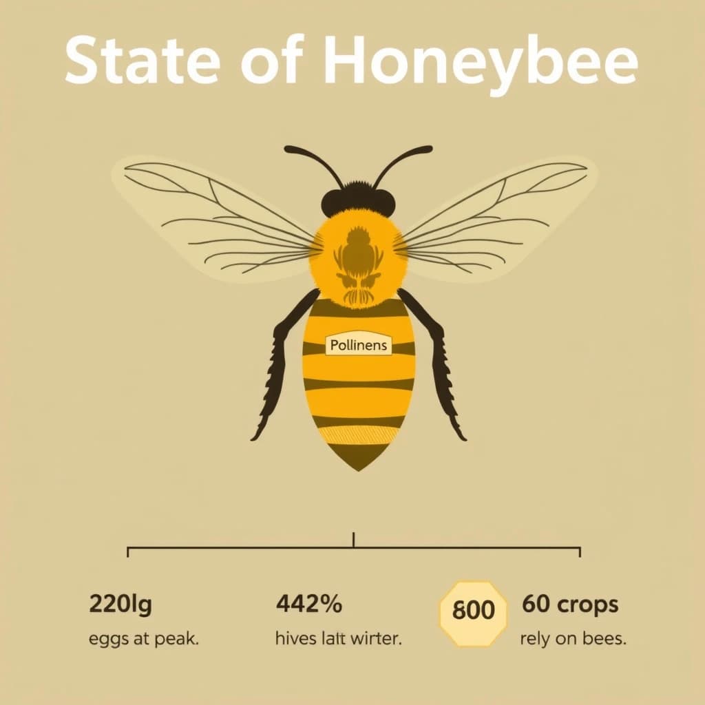 Flat vector illustration titled "State of Honeybee": at the center a labeled bee diagram, carrying three keyed regions, "Wing pair" shaded slate, "Brood cells" shaded olive and "Pollen basket" shaded amber, beside a bottom row of three stat chips reading "2,500 eggs a day at peak", "42% of hives lost last winter" and "60 crops rely on bees".