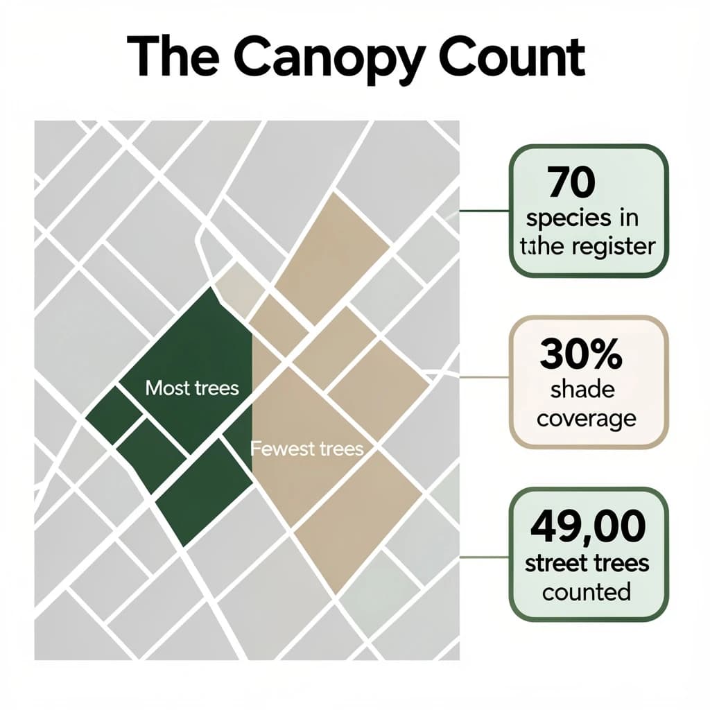Flat infographic titled "The Canopy Count": at the center a simplified street map with shaded districts, carrying two keyed regions, "Most trees" shaded dark green and "Fewest trees" shaded tan, beside a right column of three stat chips reading "70 species in the register", "30% shade coverage" and "49,000 street trees counted".