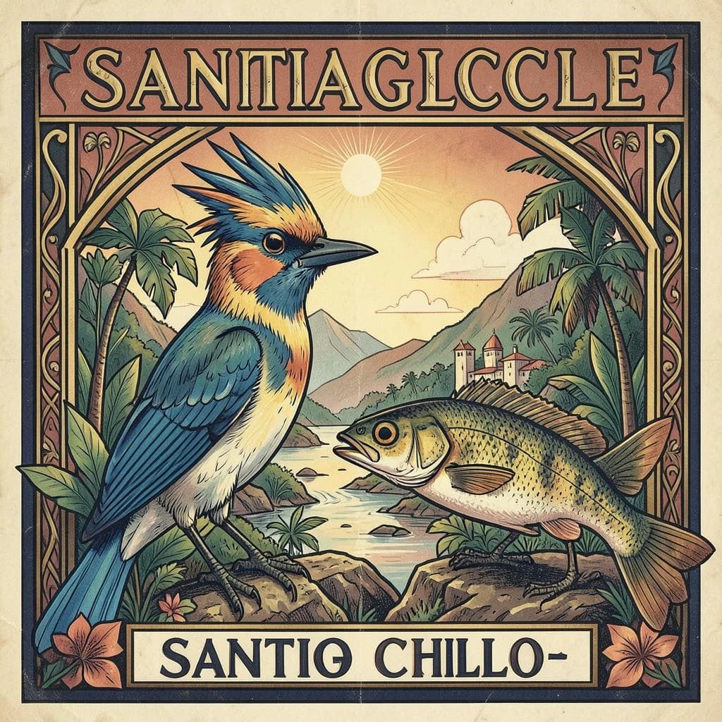 Crested Myna and Gudgeon in Santiago, Chile in the style of art deco