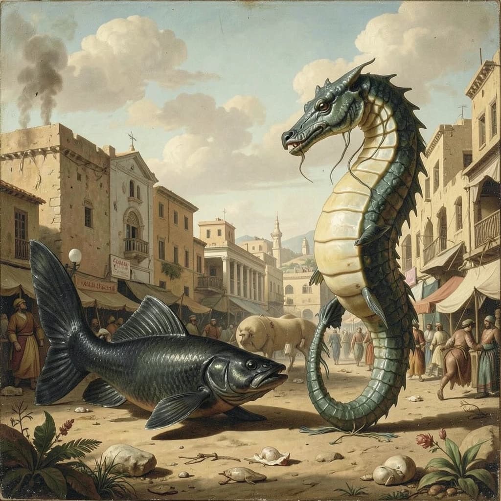 Blackfish and Sea Horse in Sanaa, Yemen in the style of neoclassical
