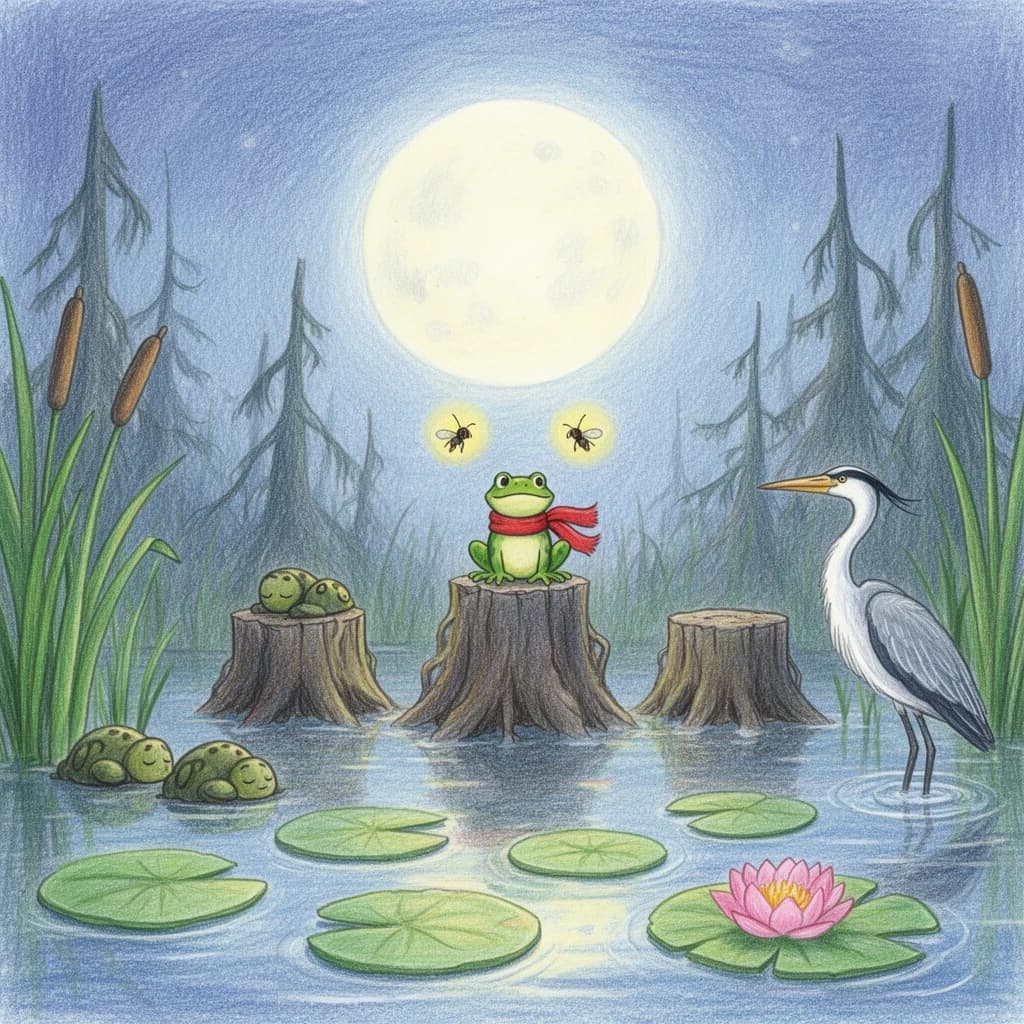 Story card in soft children's book illustration with crayon texture. A moonlit swamp with three cypress stumps in a row across the water. A small green frog in a red scarf sits on the middle stump. Two fireflies circle above his head while four more sit sleeping on the reeds to the left. A heron stands knee deep at the right edge, looking away from the frog. Nine lily pads float across the foreground, only one of them carrying a flower.