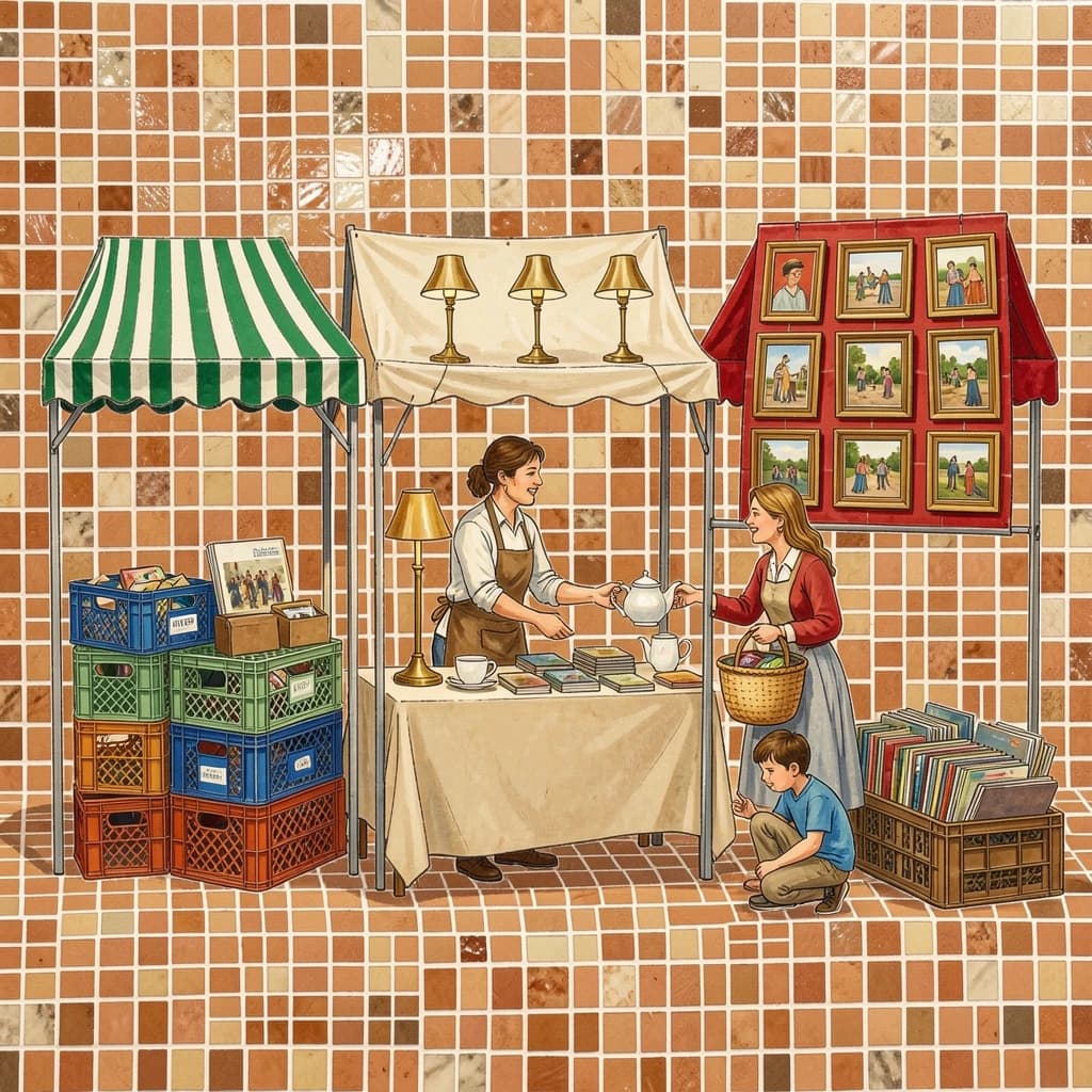 Glass tile mosaic of a Sunday flea market seen from a slightly raised angle, small square tesserae and warm terracotta grout. Three stall awnings in a row: the left one striped green and white over stacked vinyl crates, the middle plain canvas over six brass lamps with only the two tallest wearing shades, the right red awning hung with nine framed pictures in three rows of three. Under the middle awning a vendor in an apron hands a teapot across the table to a woman holding a straw basket, while a boy crouches at her feet by a crate of records. No lettering anywhere.
