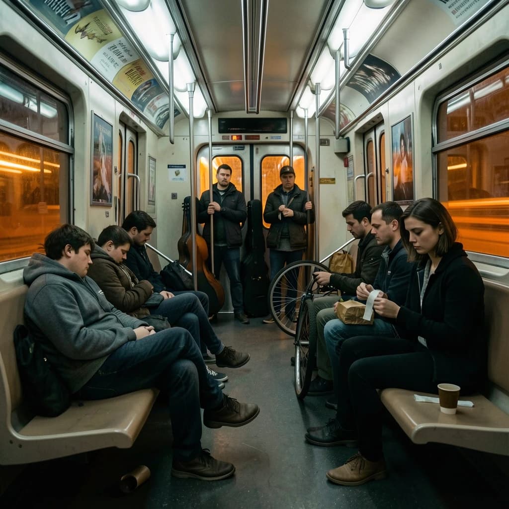Cinematic photograph inside a late night subway car, handheld, lit only by flickering ceiling strips and orange platform light sliding past the windows. Nine passengers down the car: the three on the left bench all sleep with heads tipped at different angles, the four on the right bench are awake, one folding a paper bag, one holding a bike wheel upright between his knees, one wrapping her own wrist in tape, one staring straight into the lens. Two more stand at the far doors gripping the same pole with a violin case wedged between them. An empty seat beside the nearest sleeper, a coffee cup rolling under it.