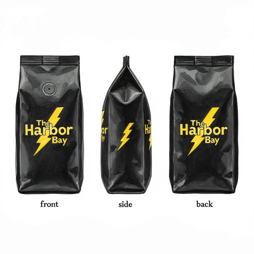 Gouache painting of the same coffee bag drawn in three views, captioned "front", "side" and "back", every view carrying the wordmark "The Harbor Bay" with a lightning-bolt symbol beside it in the same black-and-yellow coloring, only the angle changing.