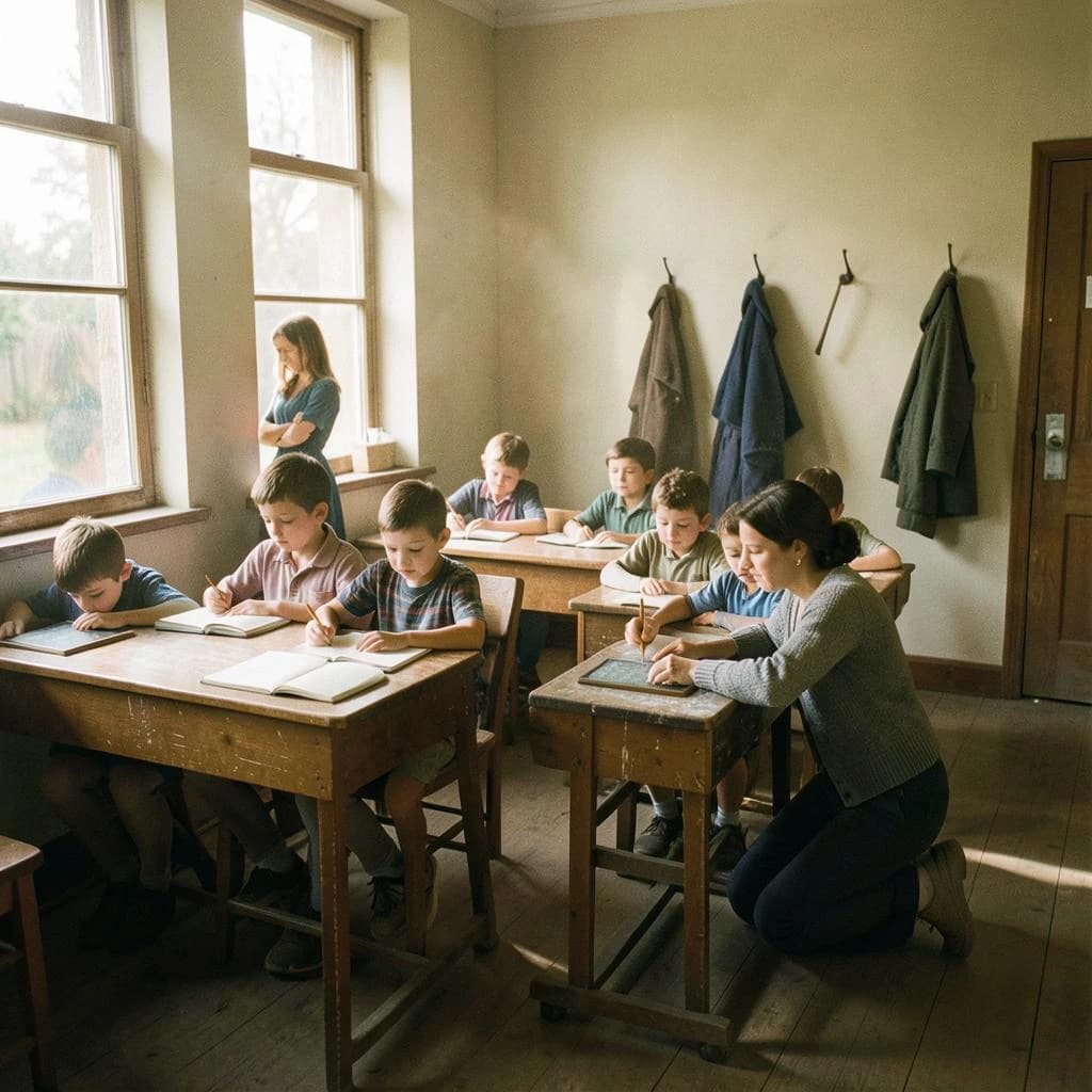 Documentary photograph inside a 1961 rural schoolhouse, late afternoon sun through tall windows. Twelve pupils at six shared wooden desks, two to a desk: the four in the window row copy from slates, the four in the middle row have open exercise books, the four along the back wall are turned around watching. The teacher, a woman in a grey cardigan with chalk dust on her sleeve, kneels beside the desk nearest the door, one hand steadying a boy's pencil. Four wall hooks behind her hold three coats, the middle hook bare. Warm dust in the light, fine grain, nobody posing.